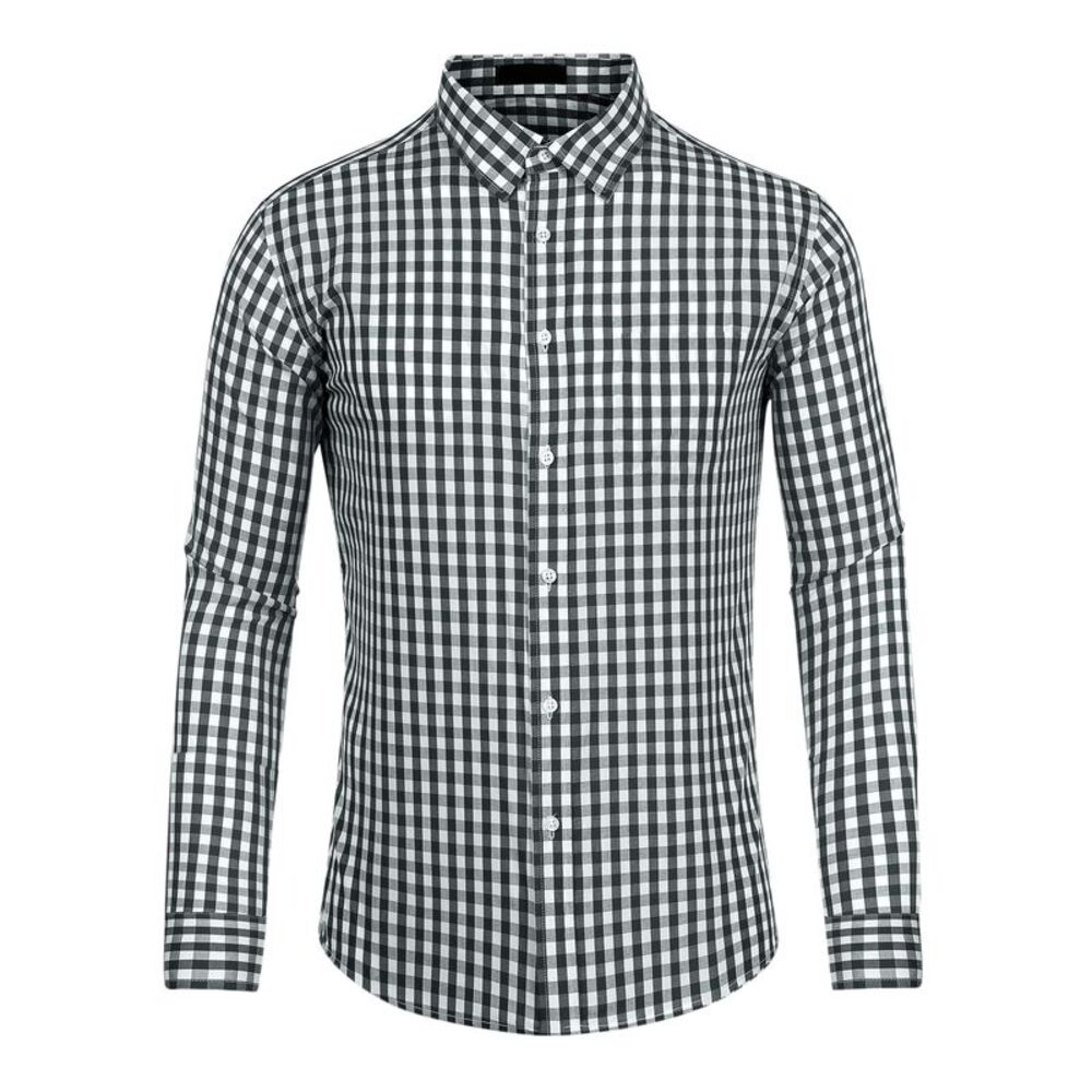 Plaid Shirt Regular Fit Button Down Long Sleeves Checkered Shirts Black White